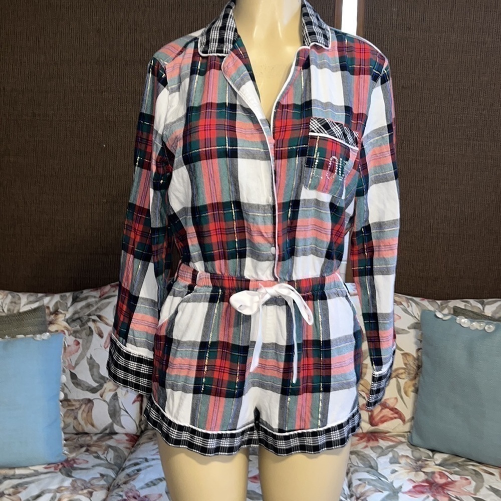 Victoria Secret Flannel Sleep Romper Plaid Red Green Shimmer CRYSTAL Love S - Picture 4 of 9